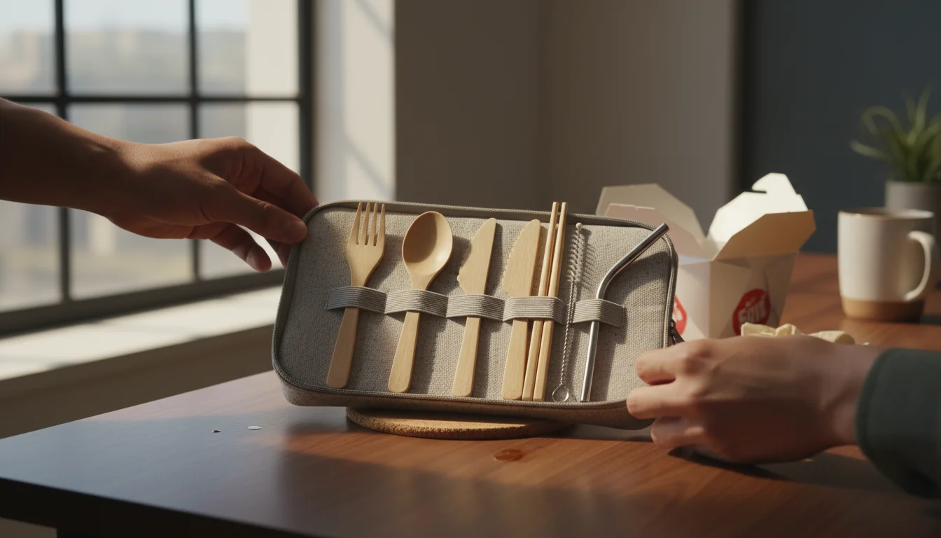 Hands unzipping a small fabric case to reveal bamboo utensils and a metal straw at an office desk.