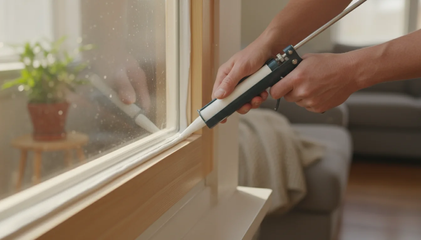 Hands using a caulk gun to seal an interior window frame in a naturally lit room.