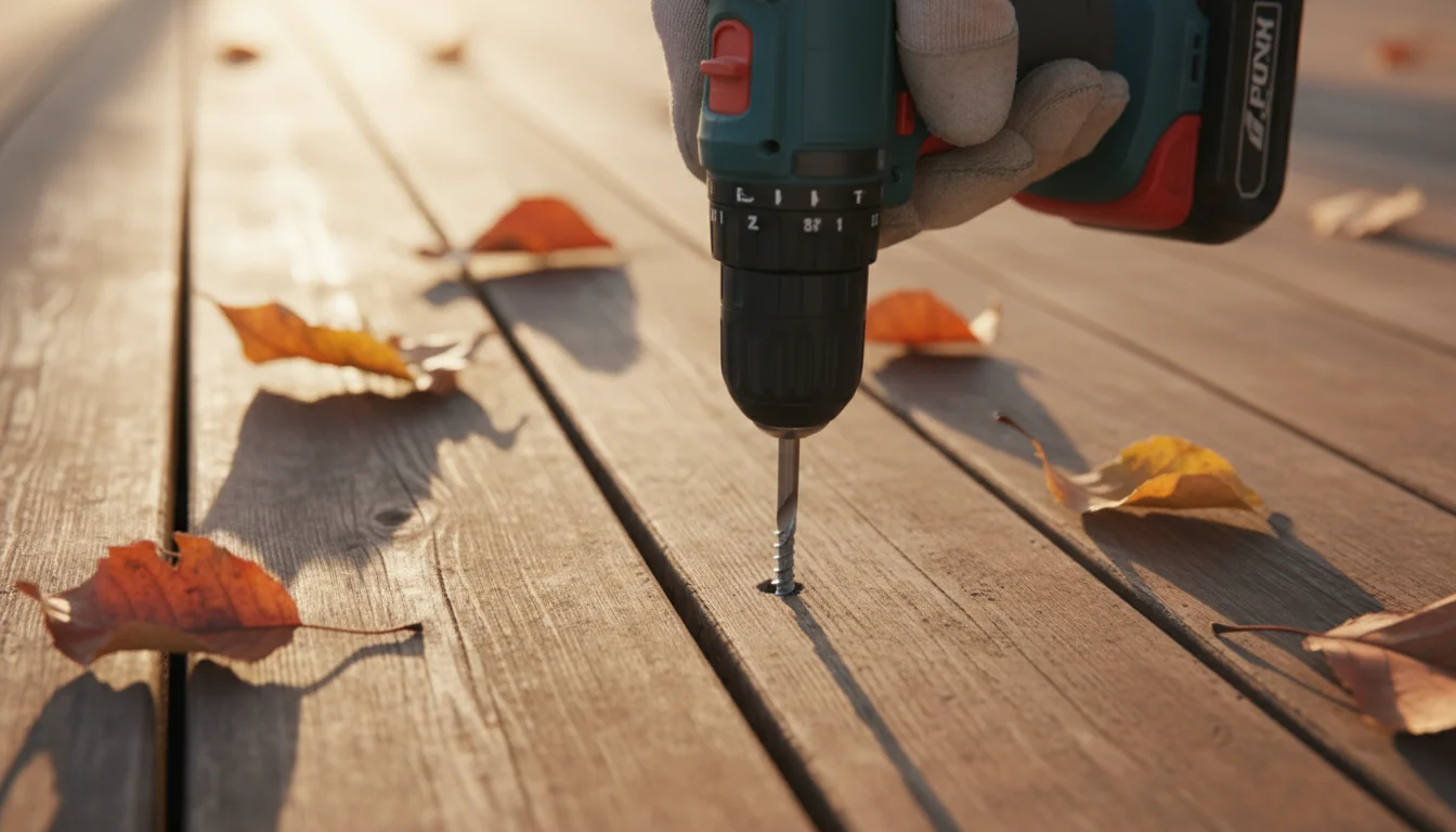 Close-up of hands using a cordless drill to tighten a screw into a wooden deck board, with autumn leaves nearby.