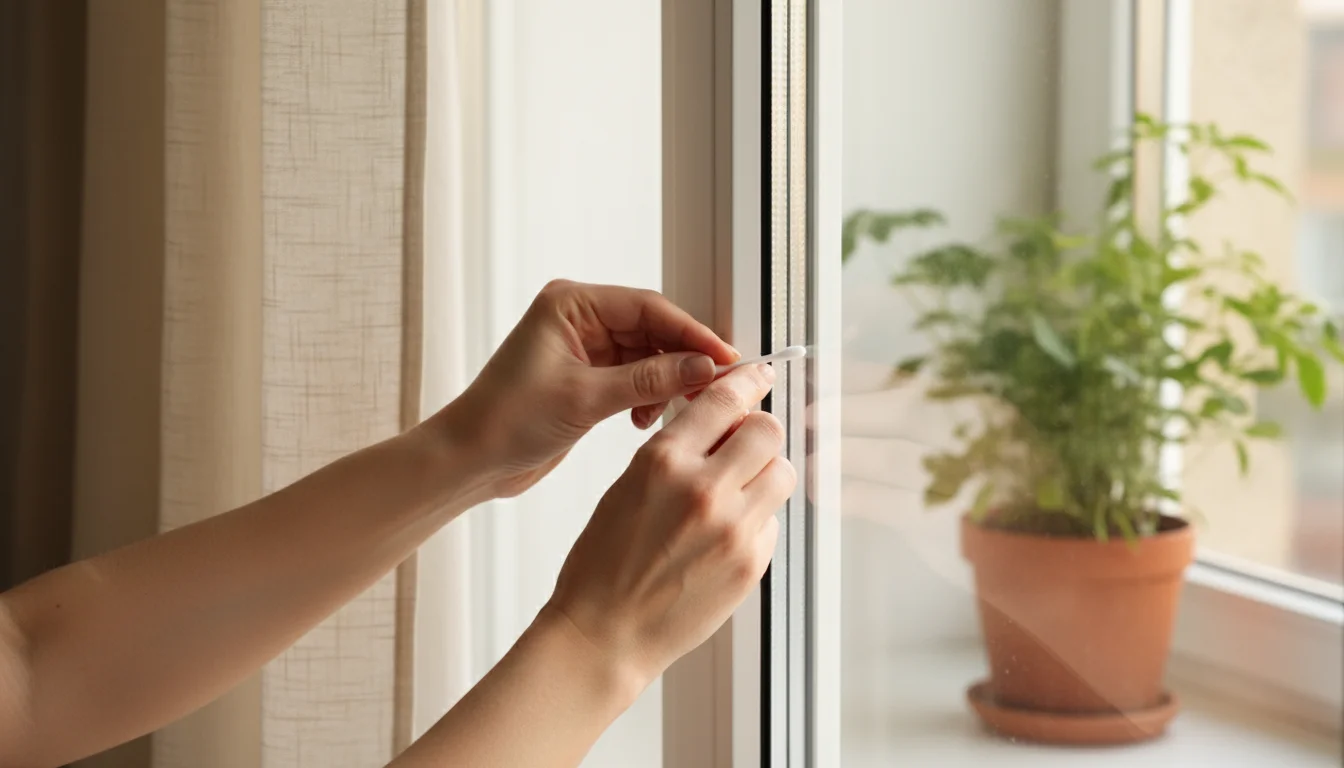 Close-up of hands using a cotton swab to meticulously clean the corner of a sparkling window in a cozy living room.