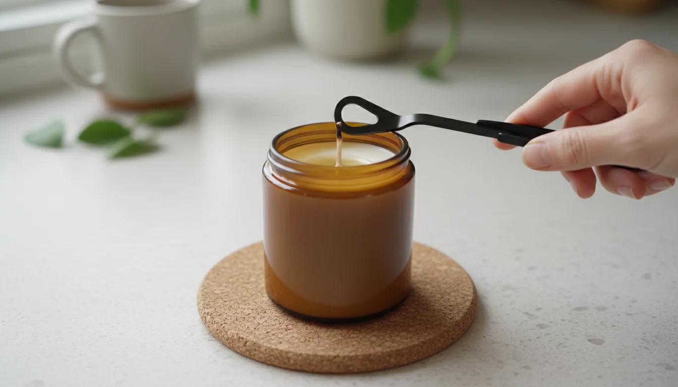 Hands using a matte black wick trimmer to snip the charred wick of an amber glass candle on a cork coaster.