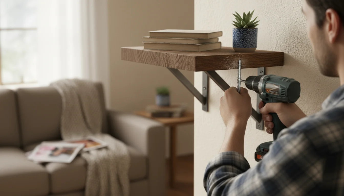 Hands using a power drill to tighten a mounting screw on a wooden corner shelf holding books and a plant.