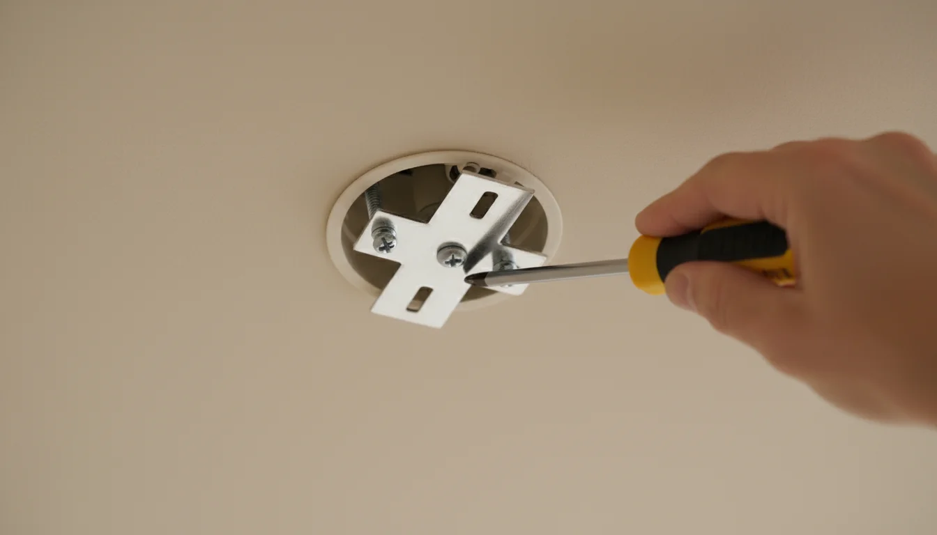 Close-up of hands using a screwdriver to fasten a silver mounting bracket onto a white ceiling electrical box.