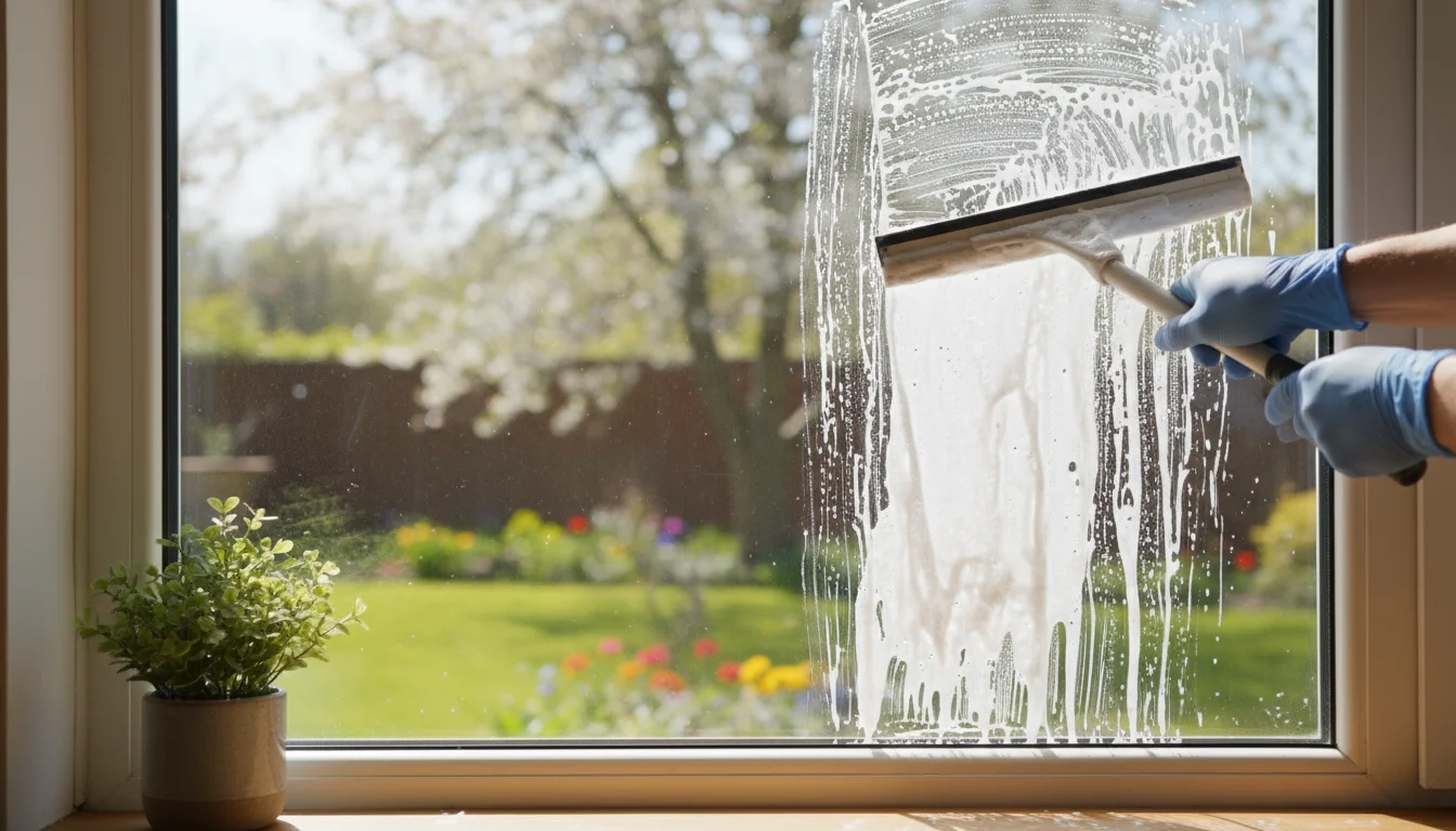 Hands using a squeegee on a windowpane from inside, half sparkling clean, letting in bright spring light, half still being cleaned.