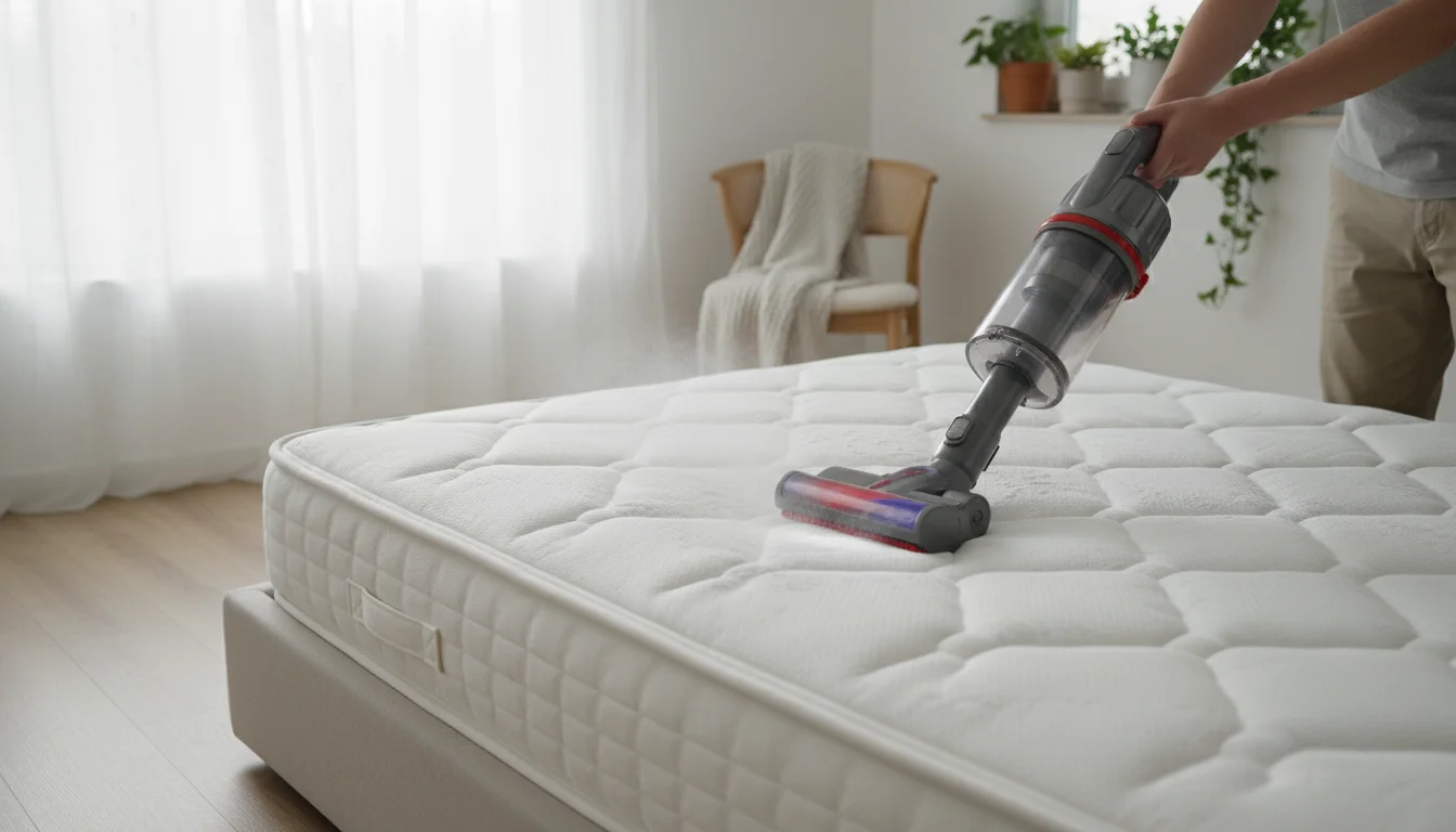 Close-up of hands vacuuming white baking soda from a bare mattress with a stick vacuum's upholstery attachment in a sunlit bedroom.