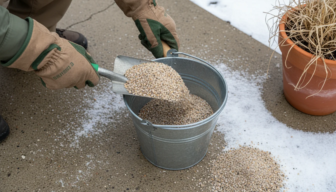 Hands in warm gloves scooping coarse sand from a metal bucket with a small shovel, about to spread it on a snow-dusted concrete patio.