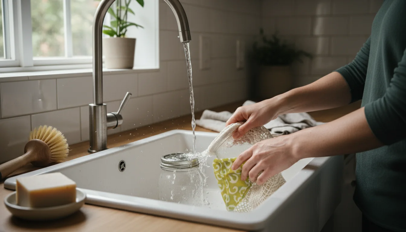 Hands washing reusable produce bags, glass jars, and beeswax wrap in a kitchen sink.