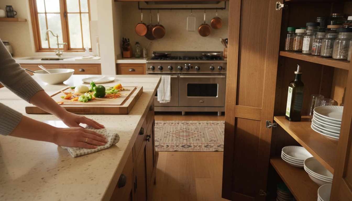 Hands wipe a kitchen counter with a cloth while putting an olive oil bottle into an open cabinet above.