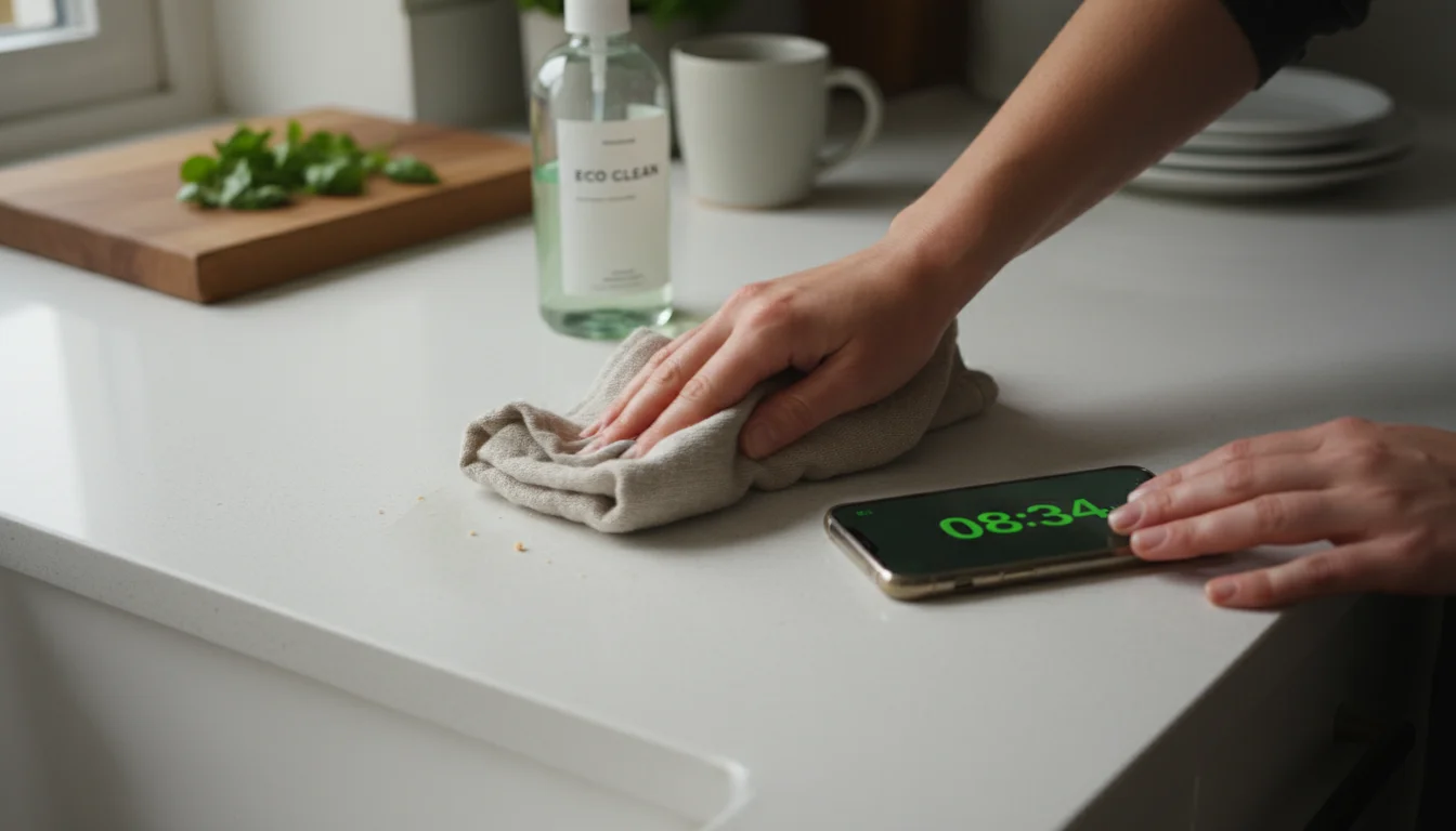 Hands wipe a kitchen counter. A smartphone timer shows 8 minutes left, emphasizing focused, timed cleaning in a cozy kitchen.