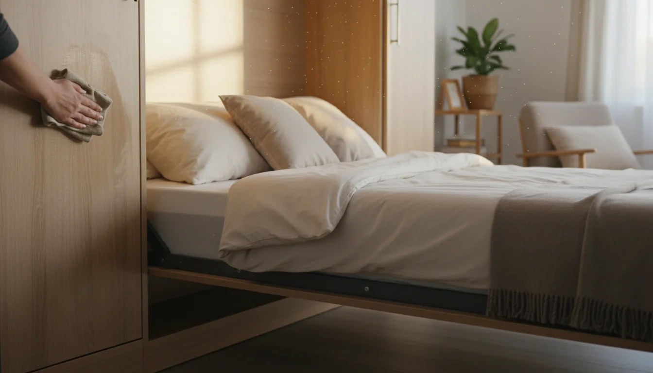 Hands gently wipe the light-colored cabinet of a partially lowered Murphy bed with a soft cloth in a cozy apartment.