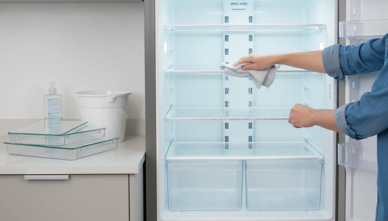 Hands wiping a clear glass shelf inside a partially empty, brightly lit refrigerator during a spring deep clean.
