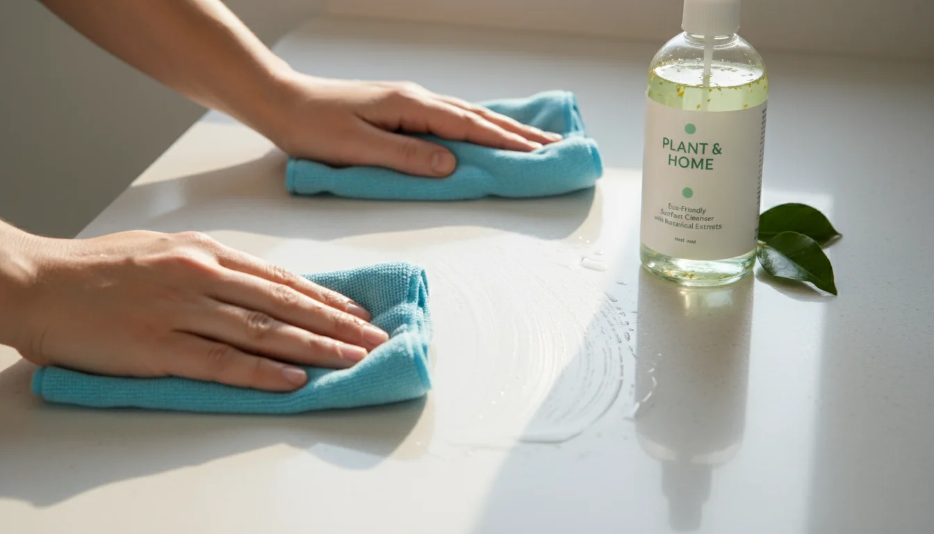 Hands wiping a kitchen counter with a microfiber cloth and an eco-friendly spray bottle.