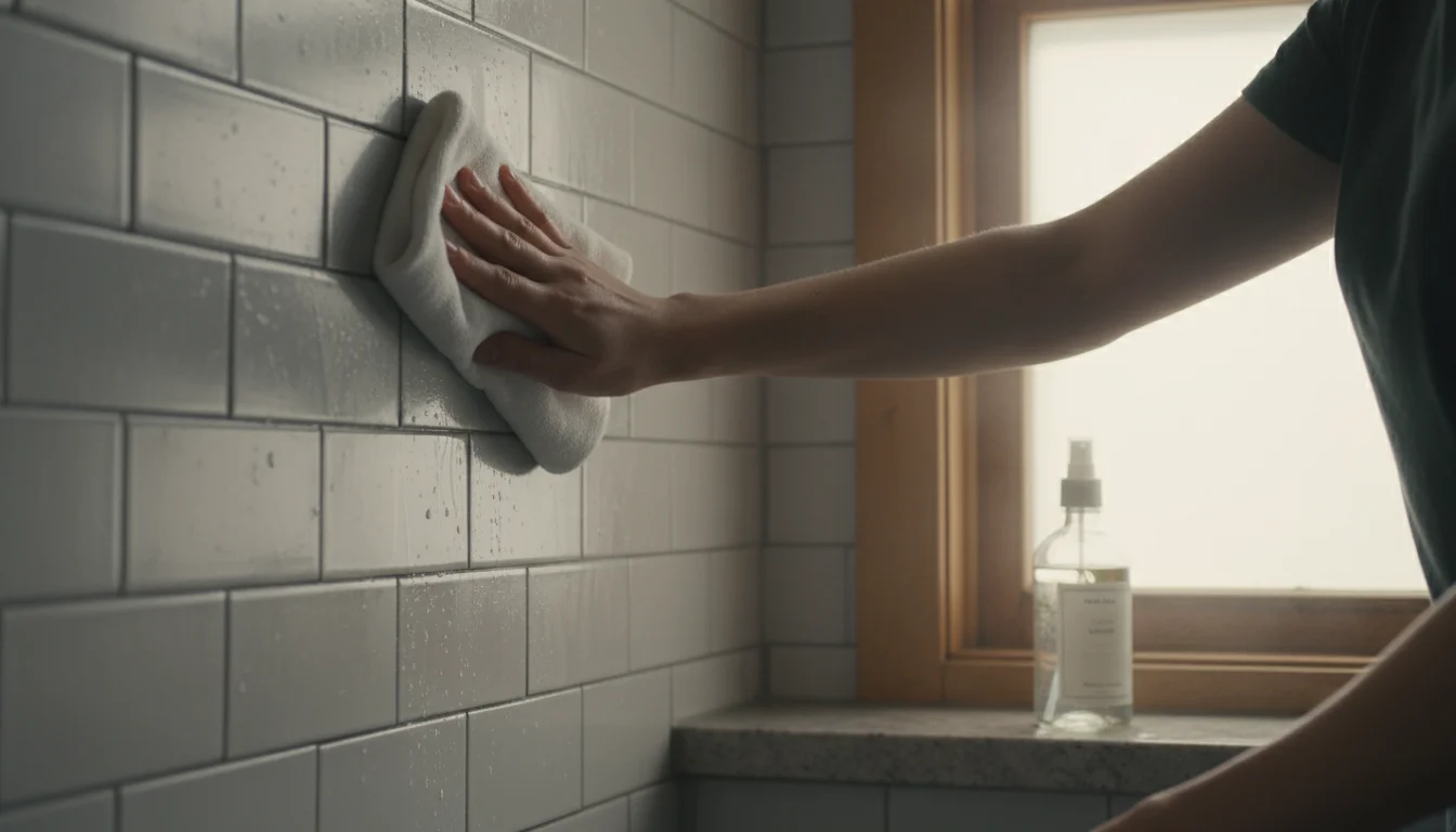 Hands gently wiping a light gray subway tile shower wall with a white cloth, near a glass spray bottle, in natural light.