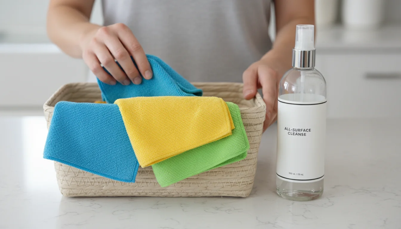 Hands carefully wiping a vacuum cleaner filter clean, with a caddy of microfiber cloths and multi-purpose cleaner nearby.