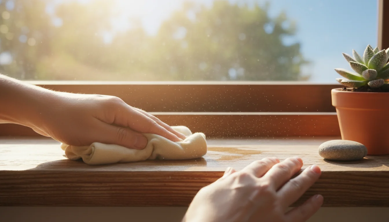 Close-up of hands wiping a wooden window sill, revealing a clean surface in bright spring sunlight.