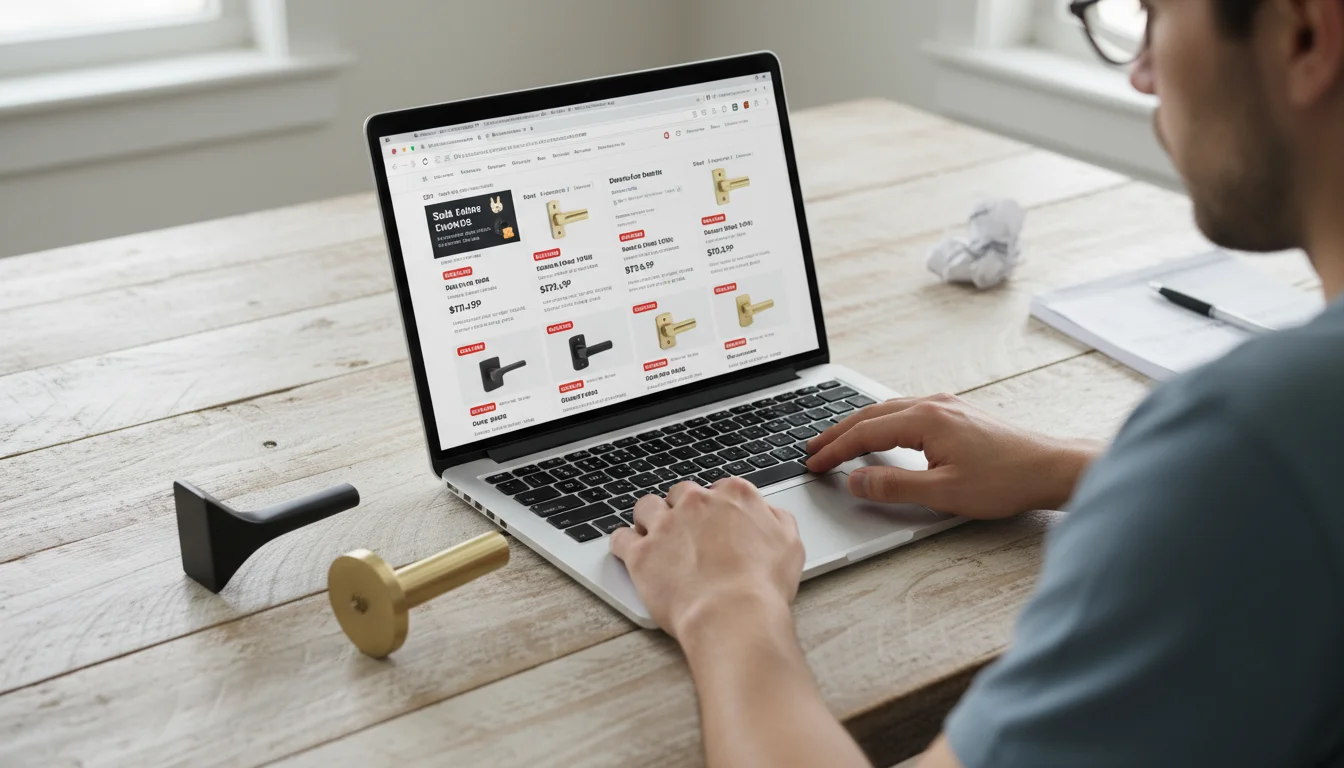 Hands on a wooden table, comparing door levers on a laptop with multiple online store tabs open, showing sale prices.
