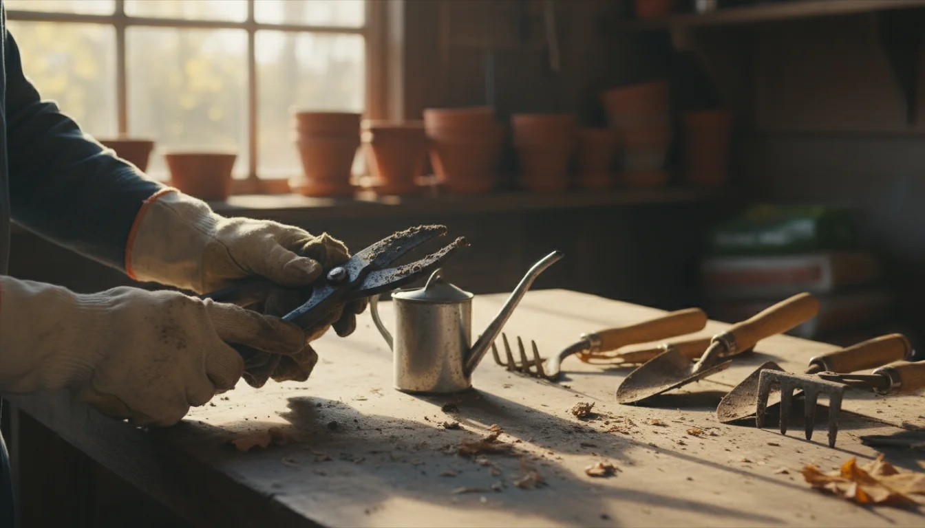 Hands in work gloves cleaning garden pruners on a workbench, with other tools and an oil can nearby, suggesting fall maintenance.
