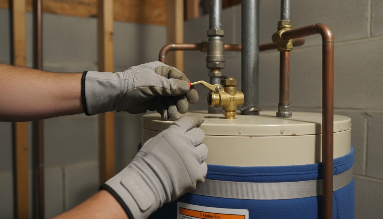 Hands in work gloves lifting the lever of a T&P valve on a residential water heater.