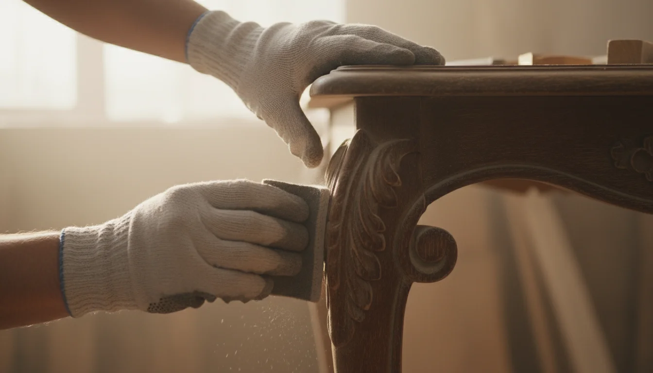 Hands in work gloves carefully sanding a carved detail on an antique wooden table leg, creating fine sawdust.