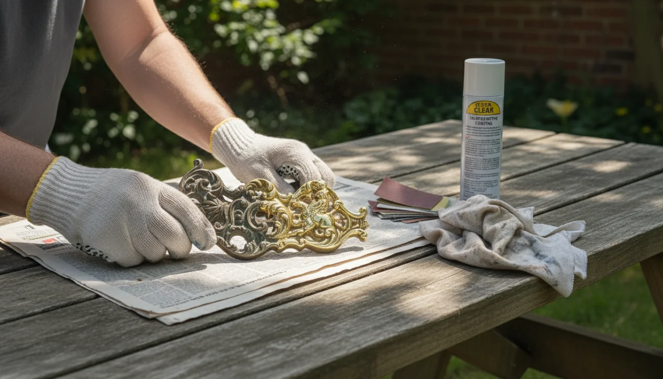 Hands in work gloves carefully sanding an ornate brass door handle on a table, revealing its renewed shine.