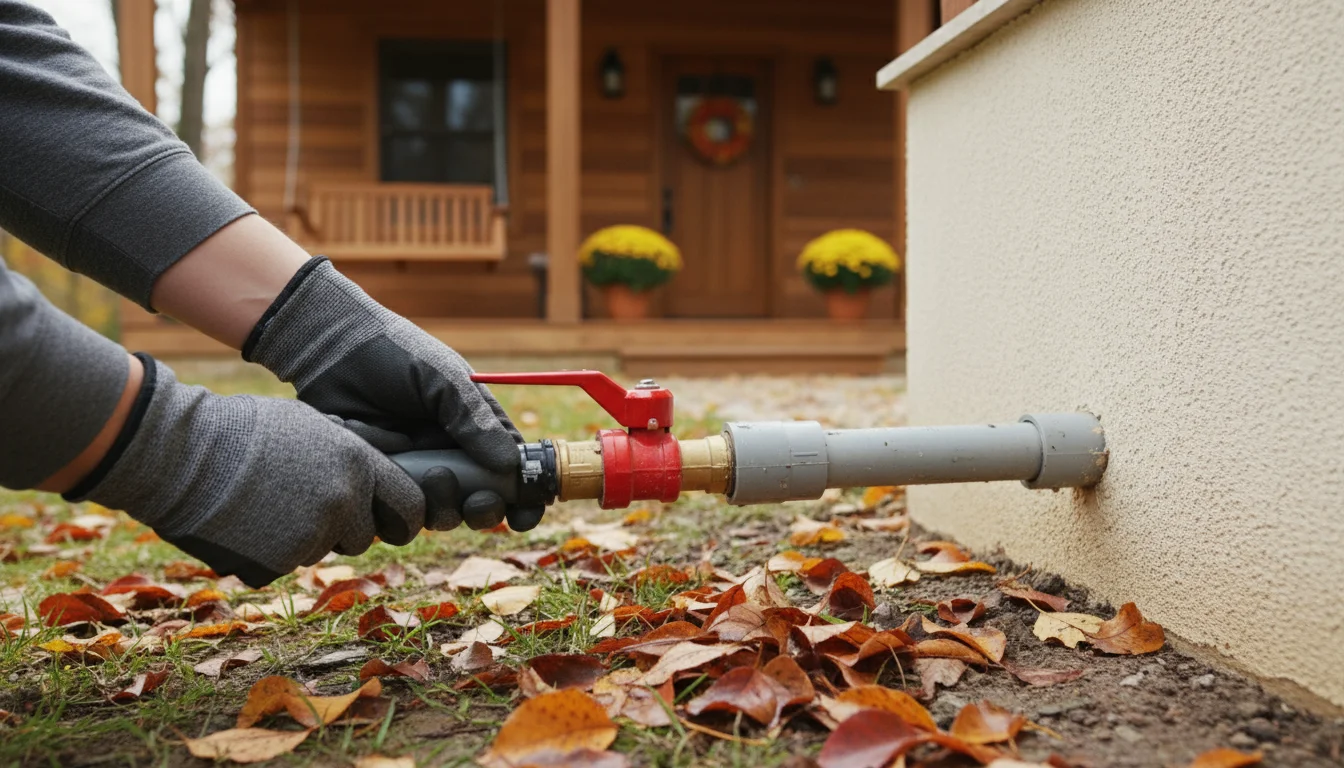 Hands in work gloves turning a red shut-off valve on an outdoor irrigation pipe near a house foundation with fallen autumn leaves.