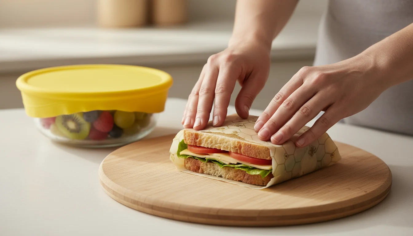 Hands wrapping a sandwich in beeswax wrap. A glass bowl of fruit covered with a silicone lid sits on a kitchen counter.