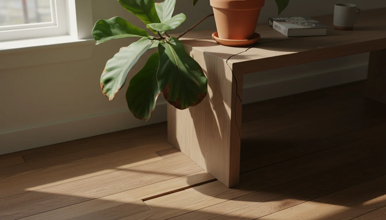 Hardwood floor with a visible gap, and a wooden console table with a hairline crack, holding a houseplant with drooping, brown-tipped leaves.