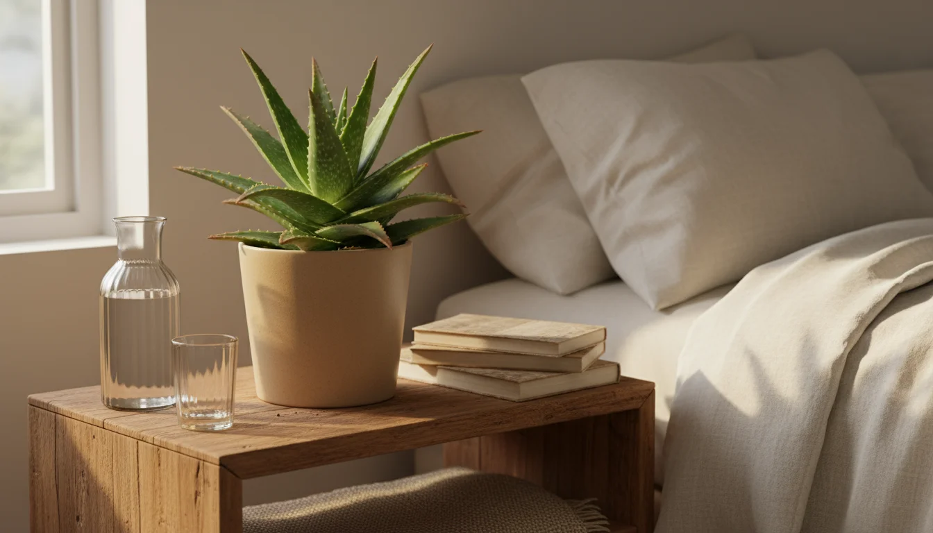 Healthy Aloe Vera plant on a rustic bedside table with books and water carafe, bathed in soft morning light, evoking a peaceful bedroom.