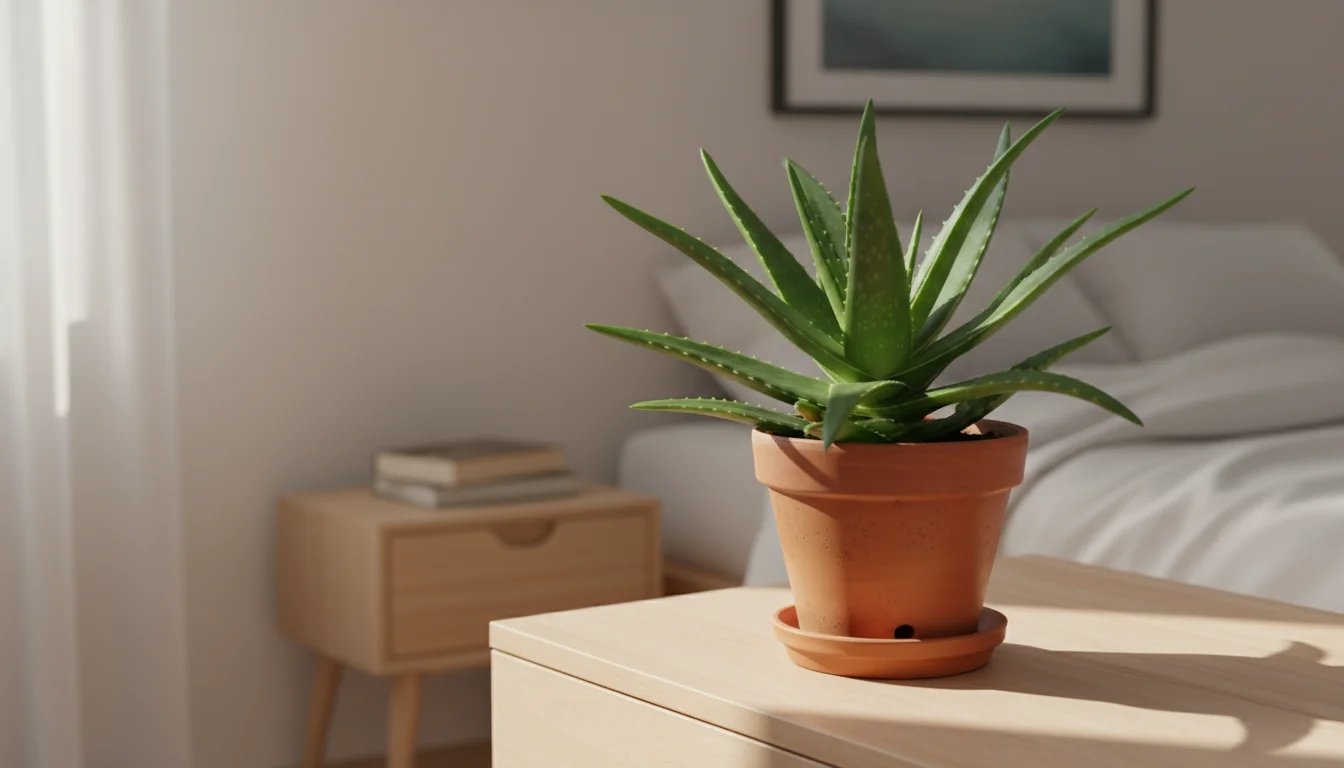 A healthy Aloe Vera plant in a terracotta pot on a wooden dresser, bathed in bright morning sunlight in a tidy bedroom.