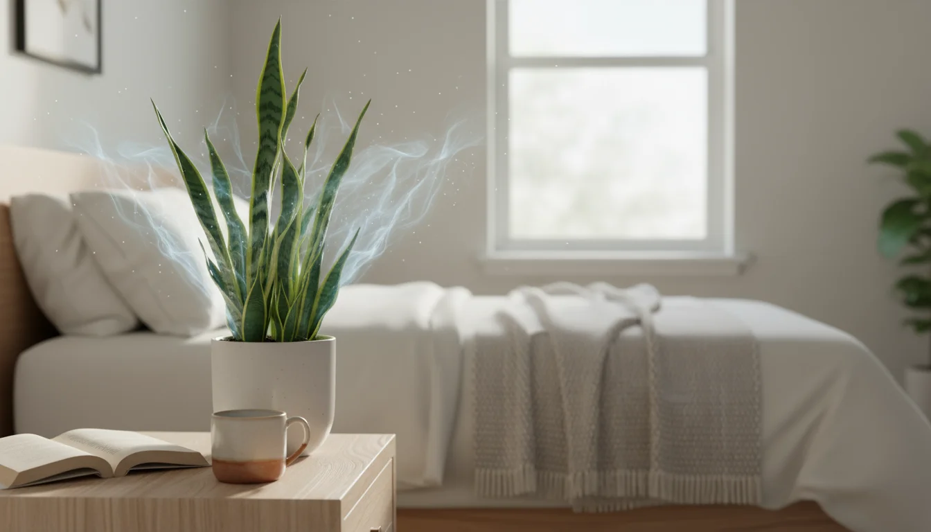 A healthy Snake Plant on a wooden nightstand in a bedroom, with a subtle glow around its leaves suggesting air purification.