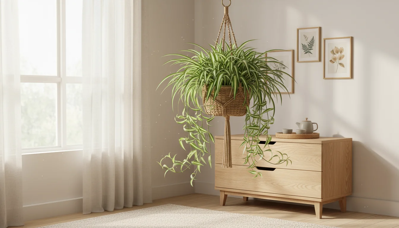 A healthy Spider Plant with variegated leaves cascades from a macrame hanging planter in a bright, tranquil bedroom.