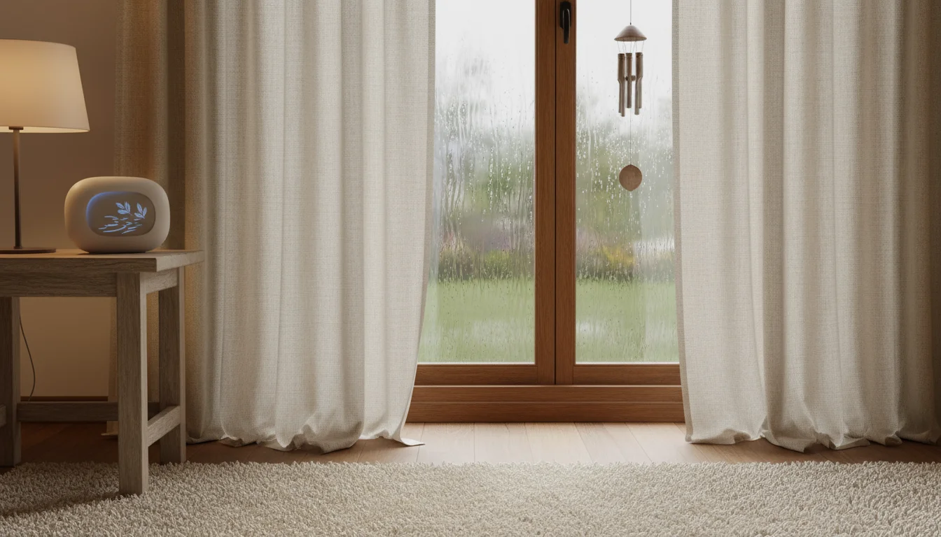 Heavy cream curtains partially cover a window with rain. A ceramic wind chime hangs, and a sound machine is on a table.