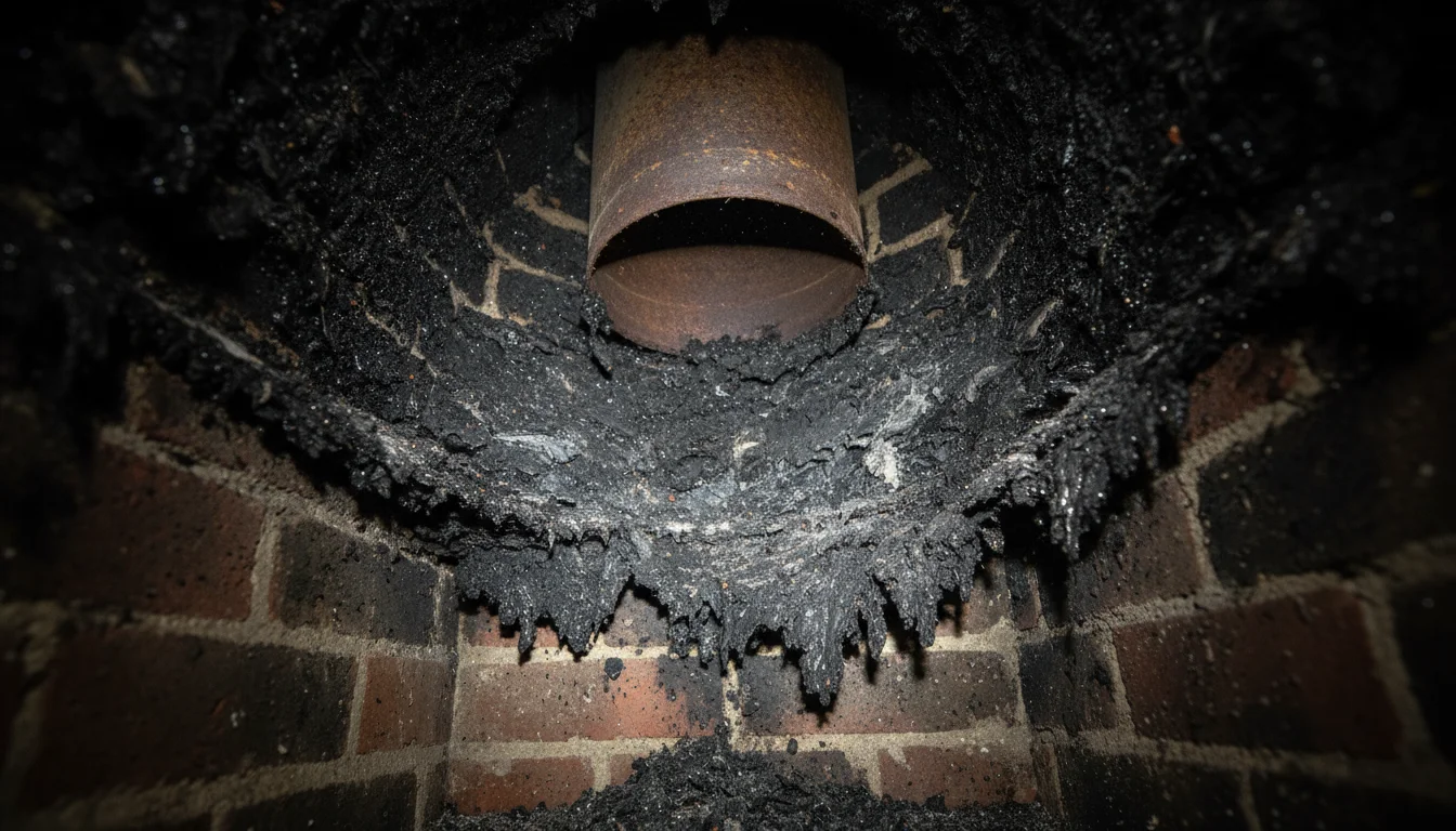 Close-up of heavy, dark, flaky creosote buildup coating the inside walls of a neglected residential fireplace flue, illuminated by a flashlight.