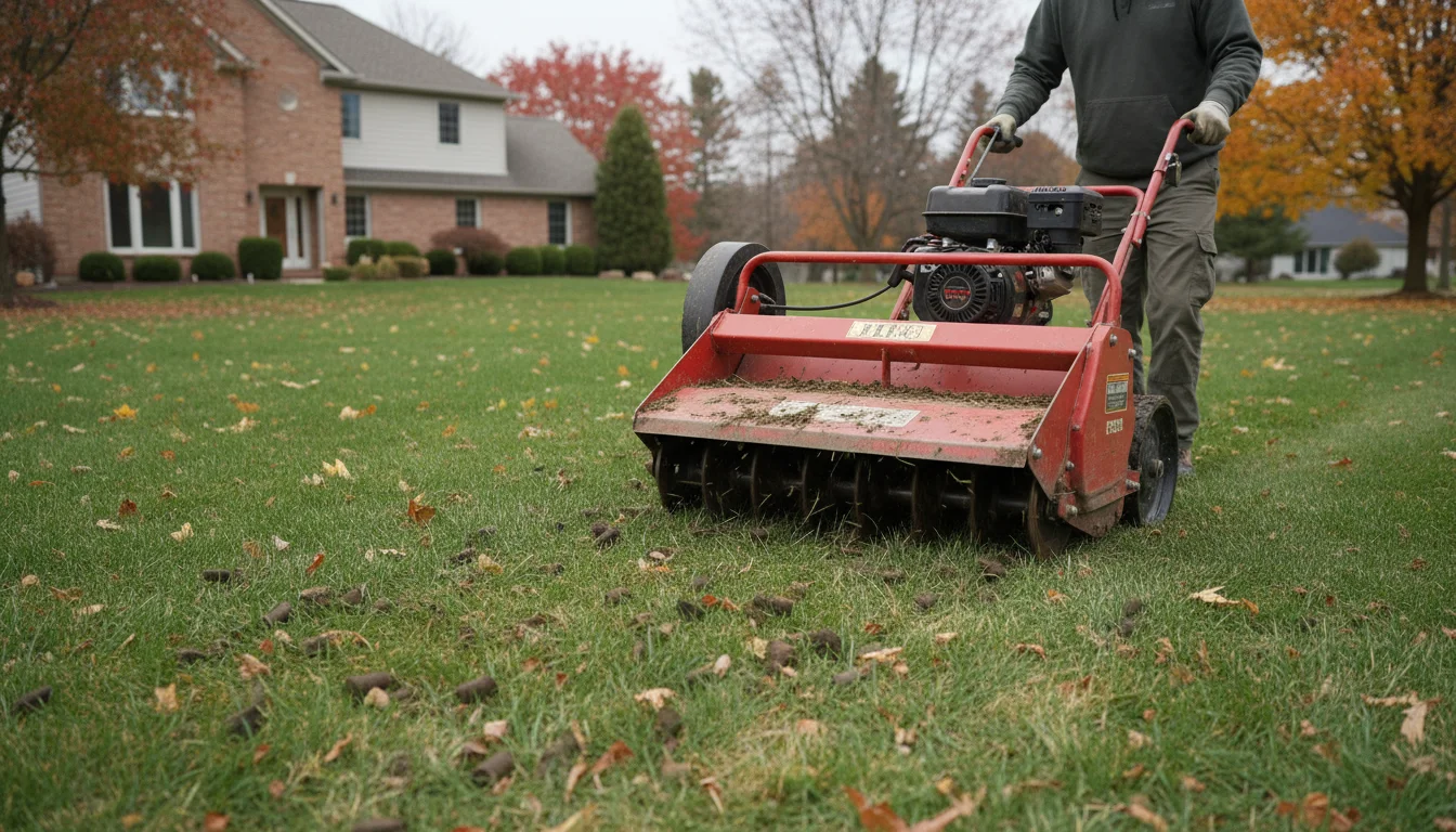 A heavy-duty core aerator machine on a green lawn with small soil plugs visible on the ground after use.