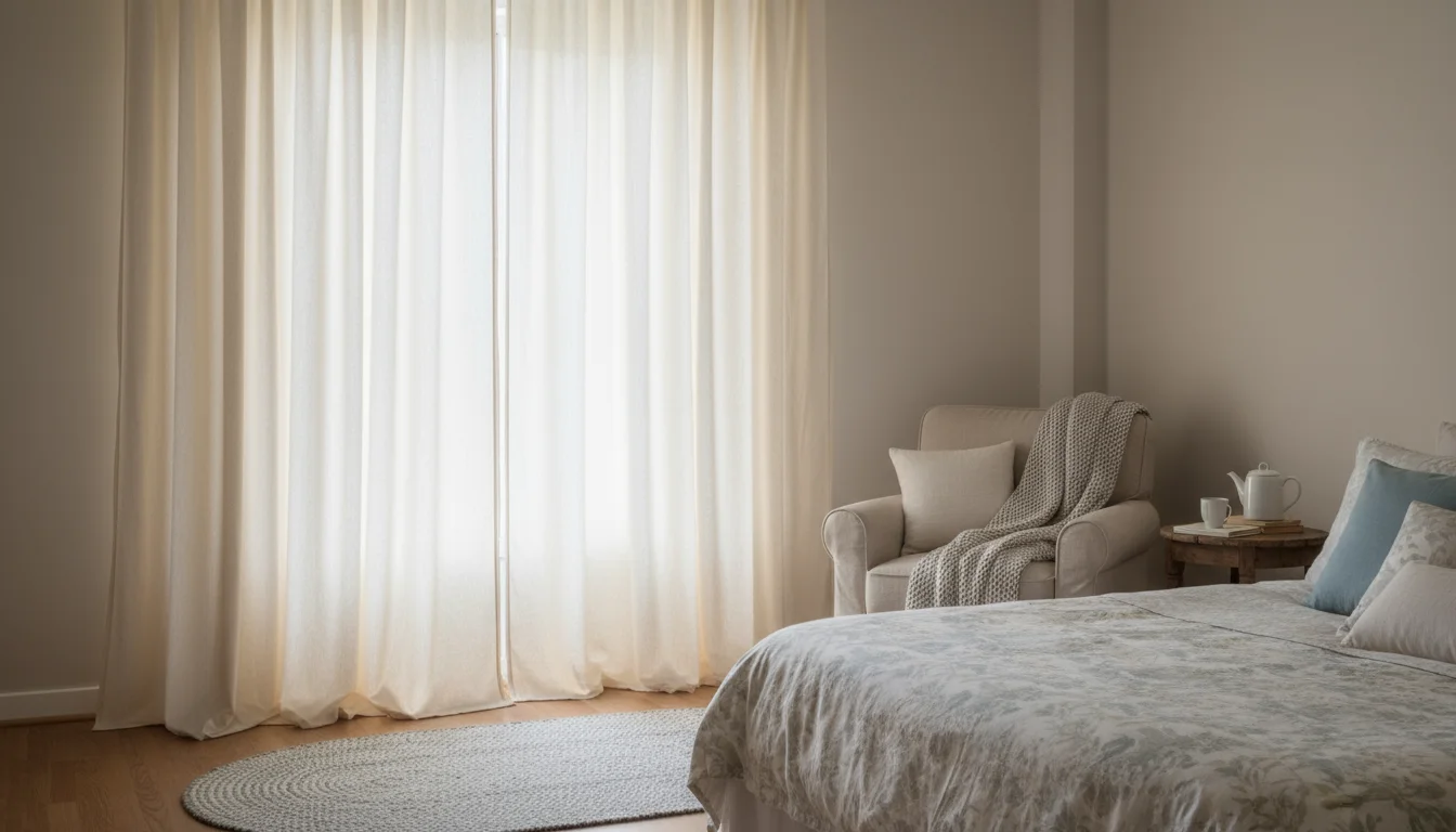 Heavy, textured, sound-blocking curtains drawn across a bedroom window, with a sliver of the solid wall visible.