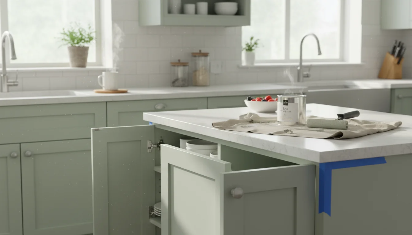 Slightly high-angle shot of a cozy kitchen counter with freshly painted light gray-green cabinets contrasting with original wood, paint supplies nearb