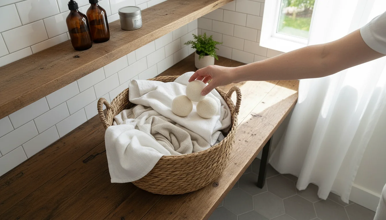 High-angle view of a hand placing wool dryer balls on laundry in a natural basket, surrounded by organized eco-friendly cleaning supplies.