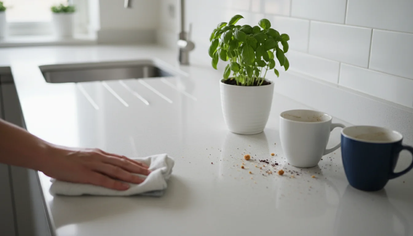 High-angle shot of a kitchen counter, half sparkling clean, half with light mess, a hand holding a cleaning cloth poised to move.