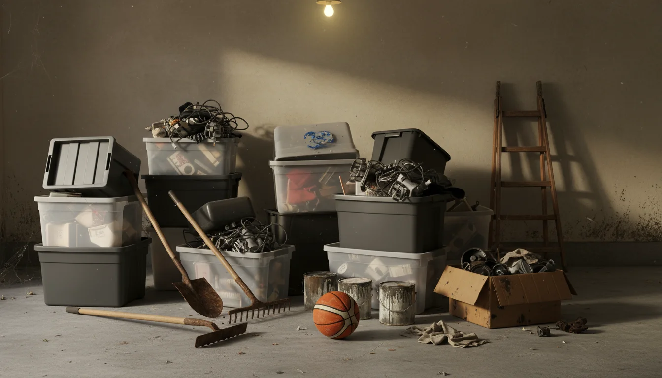 A slightly high-angle view of a messy garage floor with unlabeled, overflowing storage bins and tools scattered around.