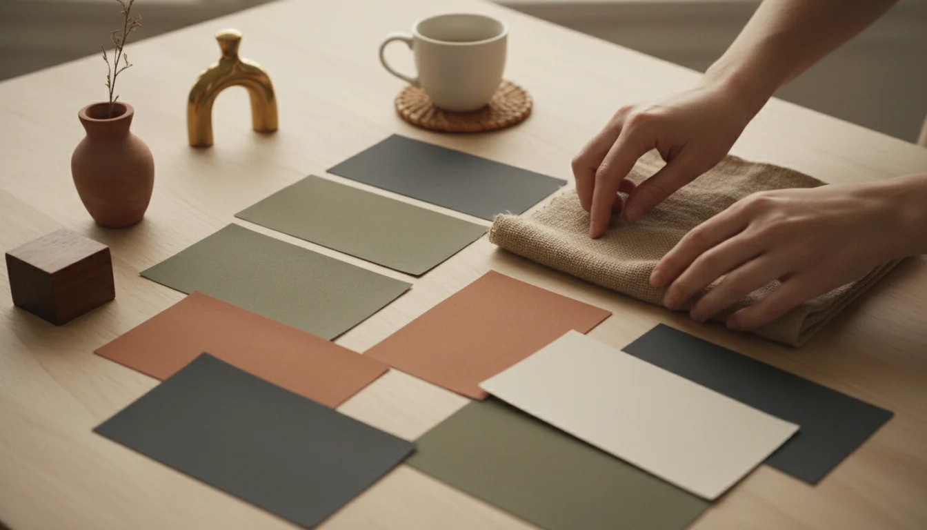 High-angle shot of various paint swatches (green, terracotta, gray) with fabric samples and small decorative accents on a wooden table.