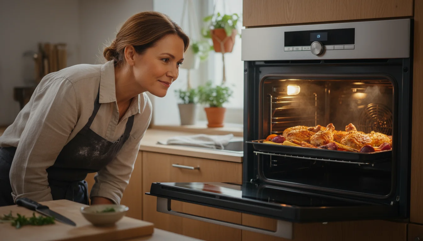 A home cook peeking into a modern oven, revealing perfectly roasted chicken and vegetables cooking evenly inside.