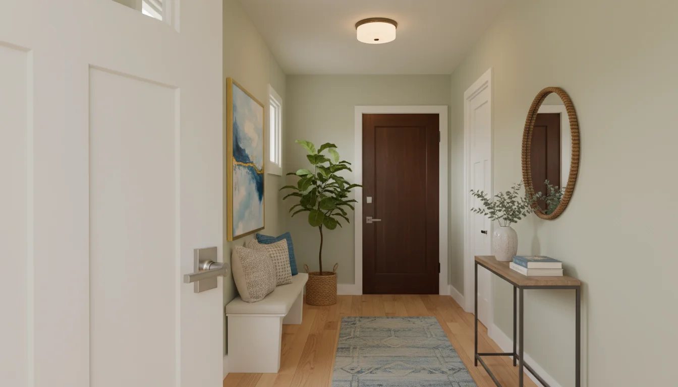 A home hallway showing a foreground door with new brushed nickel hardware and a background door with an older brass knob.