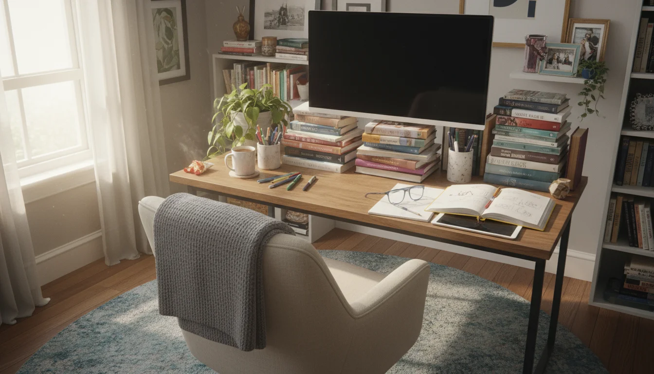 A home office desk with a monitor on stacked books, a rolled blanket in a chair, and feet on a storage box.