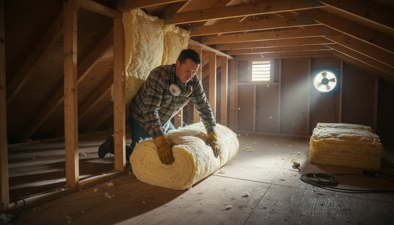 A homeowner in an attic carefully installing a new, fluffy fiberglass insulation batt between wooden joists, improving home energy efficiency.