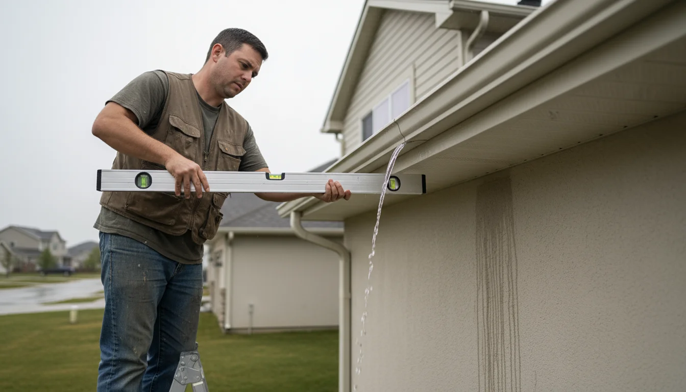 A homeowner checks the pitch of a house gutter with a spirit level while water gently overflows its edge, staining the siding below.