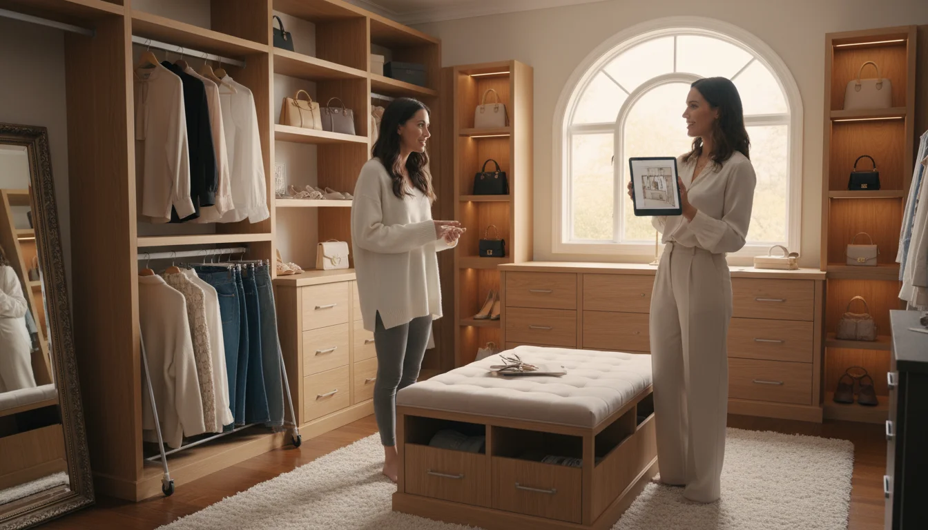 A homeowner and a designer collaborate in a partially empty closet, planning a custom storage system with a tablet and measuring tape.