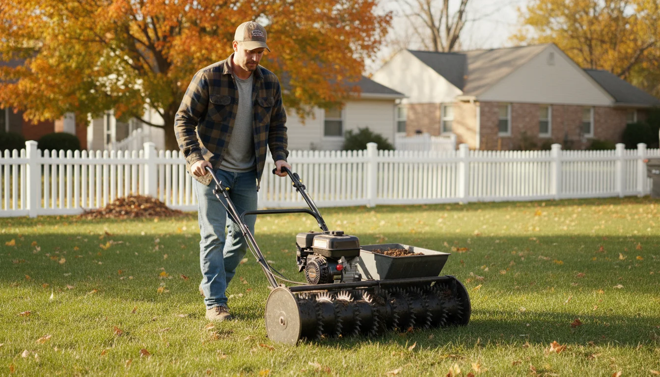 A homeowner, dressed in jeans and a flannel shirt, operates a rented lawn aerator in their green backyard on an autumn day.