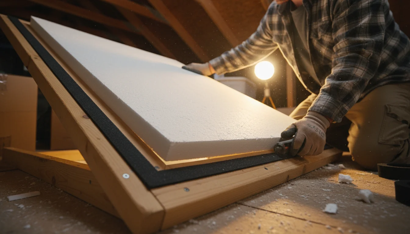 Homeowner's hands installing an insulation board and weatherstripping on an open attic hatch, viewed from below.