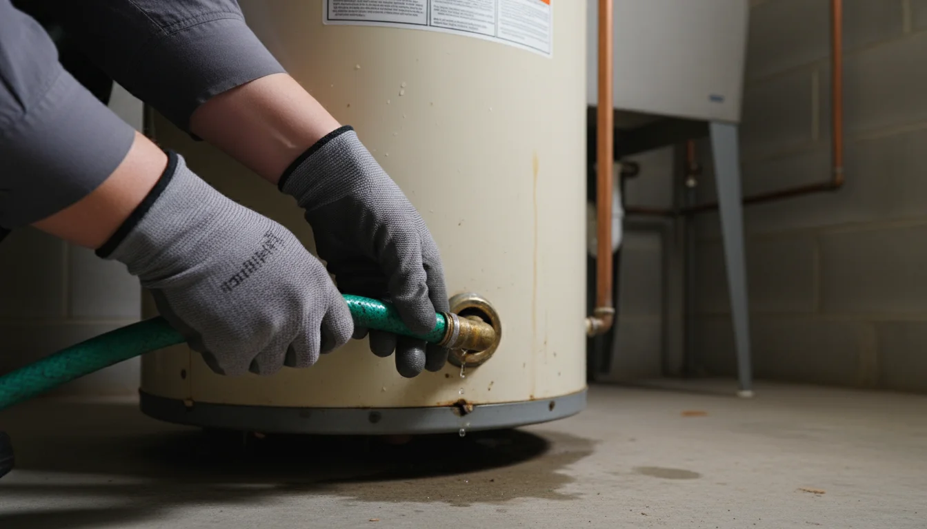 A homeowner's hands in practical work gloves, connecting a green garden hose to the drain valve at the bottom of a water heater.