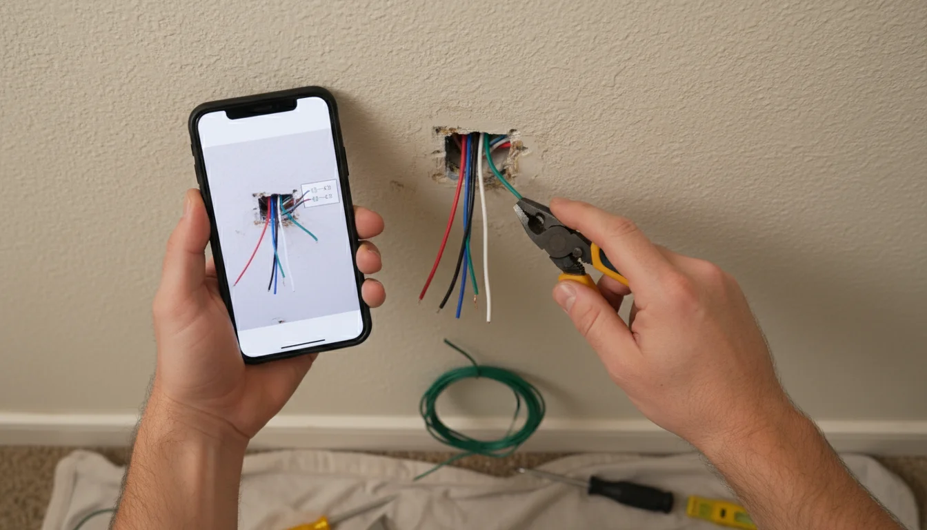 Homeowner's hands taking a reference photo of labeled electrical wires exposed on a wall during old thermostat removal.